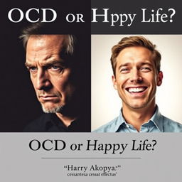 A book cover for a psychology book titled "OCD or Happy Life?" featuring two contrasting portraits of a man