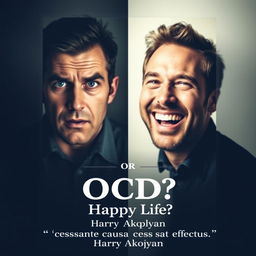 A book cover for a psychology book titled "OCD or Happy Life?" featuring two contrasting portraits of a man