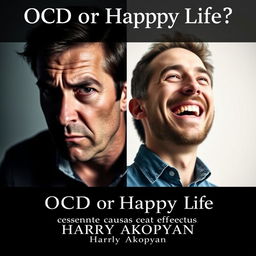 A book cover for a psychology book titled "OCD or Happy Life?" featuring two contrasting portraits of a man