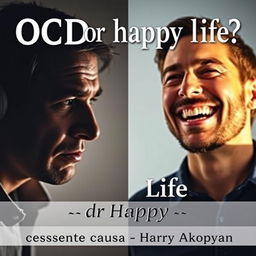 A book cover for a psychology book titled "OCD or Happy Life?" featuring two contrasting portraits of a man