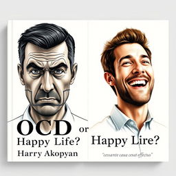 A book cover design for a psychology book titled "OCD or Happy Life?" featuring two realistic portraits of a man