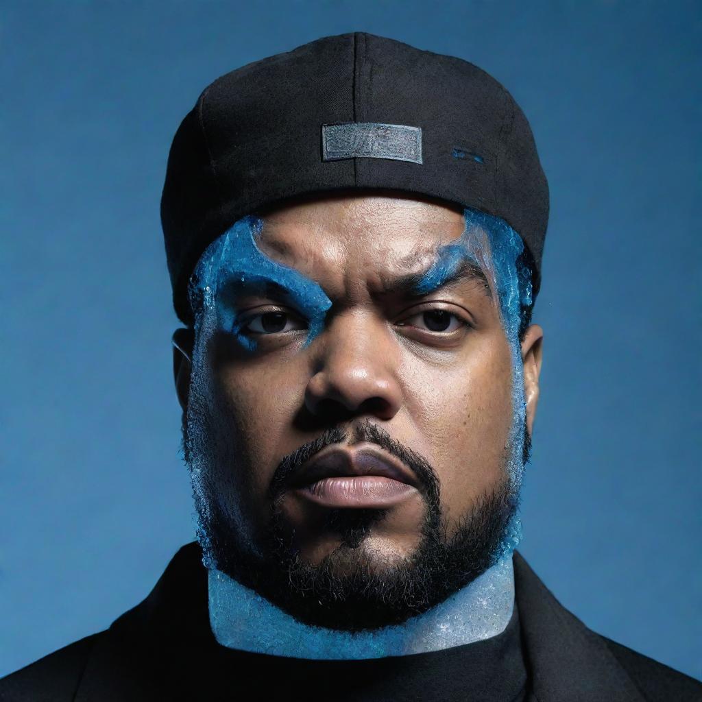 A creative representation of rapper, Ice Cube, reincarnated as an ice cube, appearing in cool, translucid blue and displaying his stereotypical determined expression.