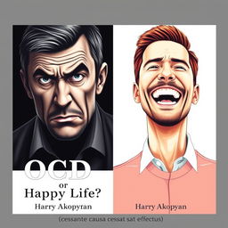 A book cover design for a psychology book titled "OCD or Happy Life?" featuring two realistic portraits of a man