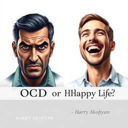 A book cover design for a psychology book titled "OCD or Happy Life?" featuring two realistic portraits of a man