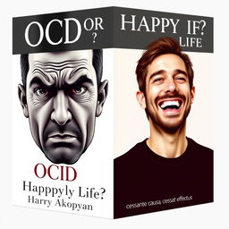 A book cover design for a psychology book titled "OCD or Happy Life?" featuring two realistic portraits of a man