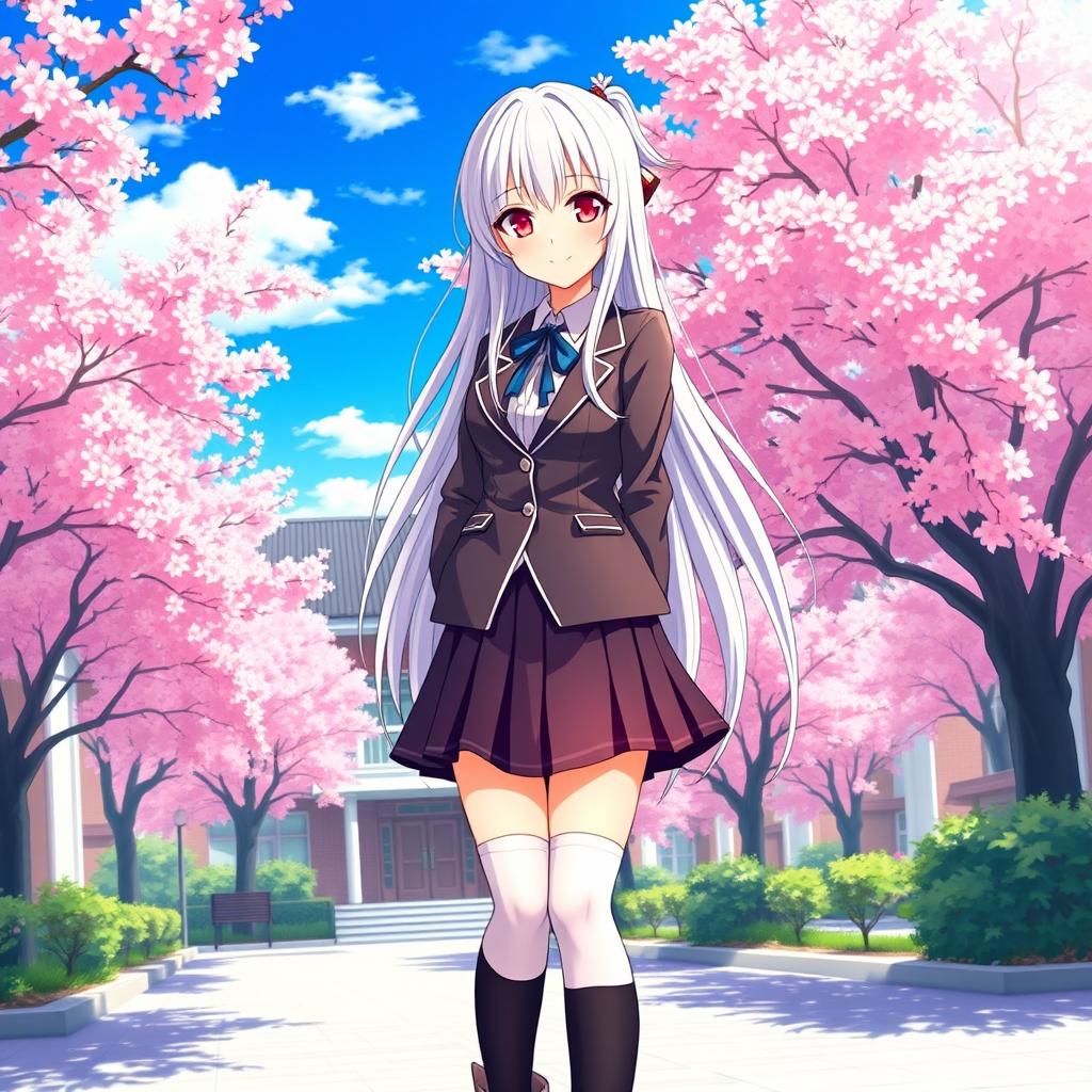 A stunning anime girl with long white hair and striking red eyes, dressed in a fashionable Japanese school uniform that features a fitted blazer and a short pleated skirt, complemented by knee-high socks and stylish shoes