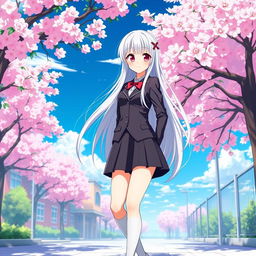 A stunning anime girl with long white hair and striking red eyes, dressed in a fashionable Japanese school uniform that features a fitted blazer and a short pleated skirt, complemented by knee-high socks and stylish shoes