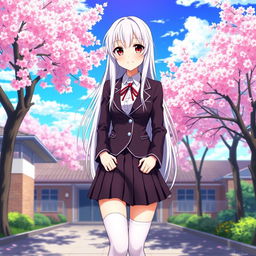 A stunning anime girl with long white hair and striking red eyes, dressed in a fashionable Japanese school uniform that features a fitted blazer and a short pleated skirt, complemented by knee-high socks and stylish shoes