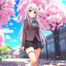 A stunning anime girl with long white hair and striking red eyes, dressed in a fashionable Japanese school uniform that features a fitted blazer and a short pleated skirt, complemented by knee-high socks and stylish shoes