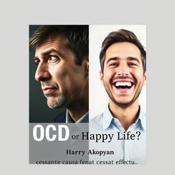 A book cover design for a psychology book titled "OCD or Happy Life?" featuring two realistic portraits of a man reflecting contrasting emotions