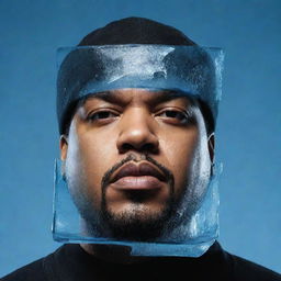 A creative representation of rapper, Ice Cube, reincarnated as an ice cube, appearing in cool, translucid blue and displaying his stereotypical determined expression.