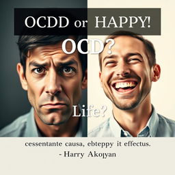 A book cover design for a psychology book titled "OCD or Happy Life?" featuring two realistic portraits of a man reflecting contrasting emotions