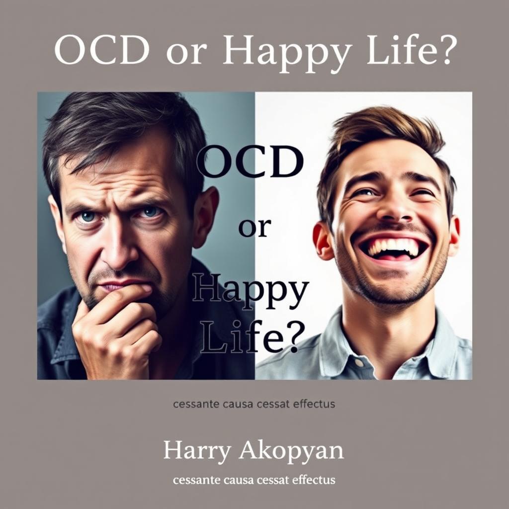 A book cover design for a psychology book titled "OCD or Happy Life?" featuring two realistic portraits of a man reflecting contrasting emotions