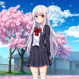 A captivating anime girl with long, flowing white hair and intense red eyes, dressed in a classic Japanese school uniform that features a tailored blazer over a crisp white blouse and a short pleated skirt, paired with knee-high socks and stylish shoes