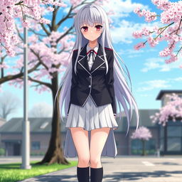 A captivating anime girl with long, flowing white hair and intense red eyes, dressed in a classic Japanese school uniform that features a tailored blazer over a crisp white blouse and a short pleated skirt, paired with knee-high socks and stylish shoes