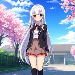 A captivating anime girl with long, flowing white hair and intense red eyes, dressed in a classic Japanese school uniform that features a tailored blazer over a crisp white blouse and a short pleated skirt, paired with knee-high socks and stylish shoes