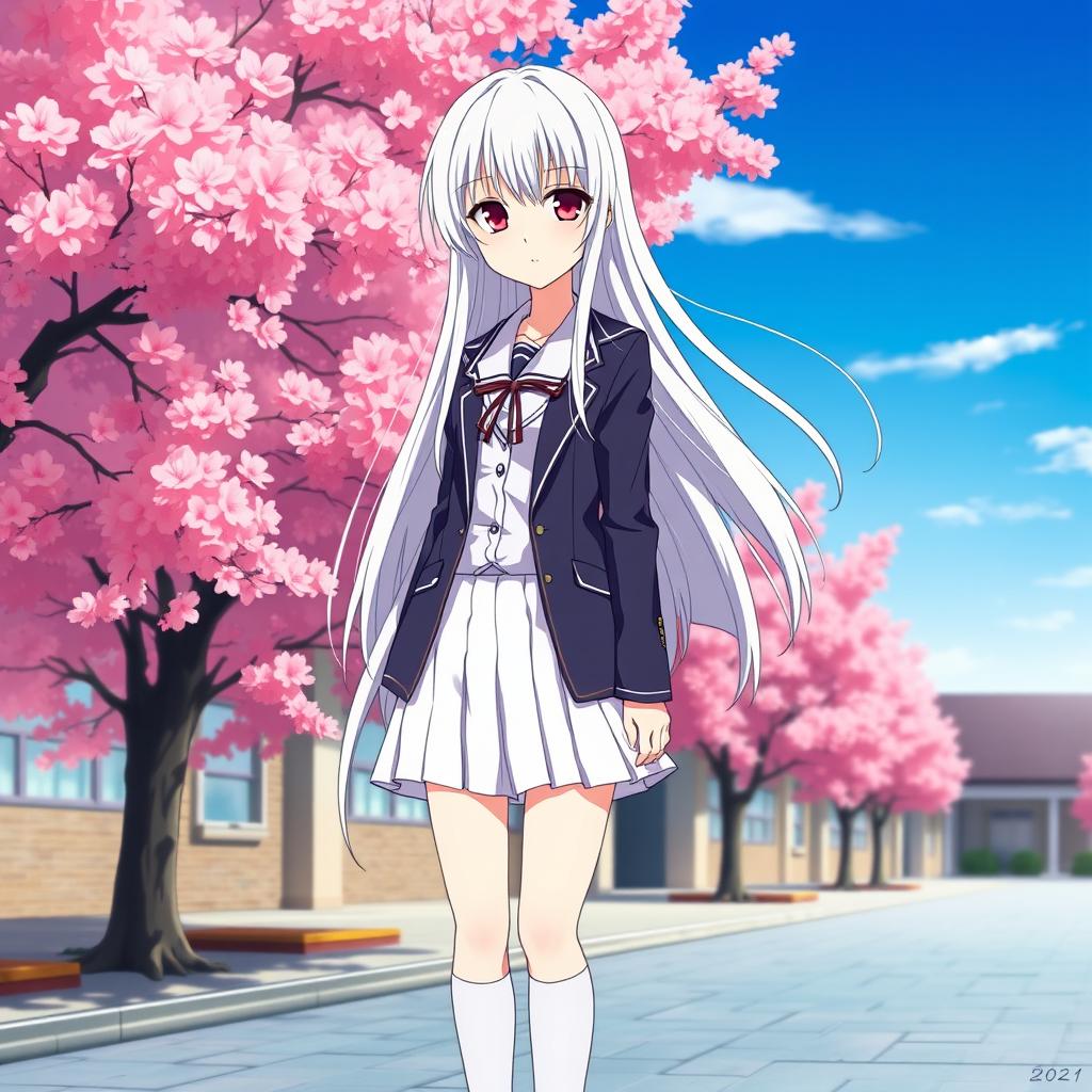 A captivating anime girl with long, flowing white hair and intense red eyes, dressed in a classic Japanese school uniform that features a tailored blazer over a crisp white blouse and a short pleated skirt, paired with knee-high socks and stylish shoes