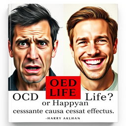 A book cover for a psychology book titled "OCD or Happy Life?" that features two realistic portraits: on the left, a man displaying fear with a distressed expression and tense posture, represented in subdued colors; on the right, a cheerful man smiling brightly, embodying happiness and tranquility, depicted in warm, vibrant hues