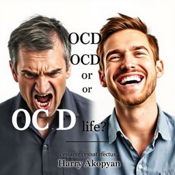 A book cover for a psychology book titled "OCD or Happy Life?" that features two realistic portraits: on the left, a man displaying fear with a distressed expression and tense posture, represented in subdued colors; on the right, a cheerful man smiling brightly, embodying happiness and tranquility, depicted in warm, vibrant hues