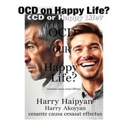 A book cover for a psychology book titled "OCD or Happy Life?" that features two realistic portraits: on the left, a man displaying fear with a distressed expression and tense posture, represented in subdued colors; on the right, a cheerful man smiling brightly, embodying happiness and tranquility, depicted in warm, vibrant hues