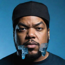 A creative representation of rapper, Ice Cube, reincarnated as an ice cube, appearing in cool, translucid blue and displaying his stereotypical determined expression.