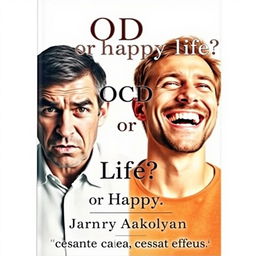 A book cover for a psychology book titled "OCD or Happy Life?" that features two realistic portraits: on the left, a man displaying fear with a distressed expression and tense posture, represented in subdued colors; on the right, a cheerful man smiling brightly, embodying happiness and tranquility, depicted in warm, vibrant hues