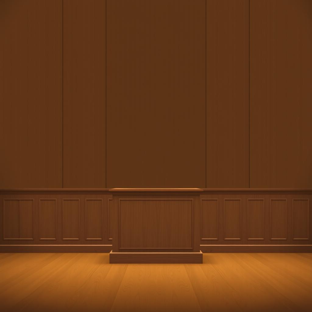A minimalist movie poster depicting an empty witness stand in a courtroom