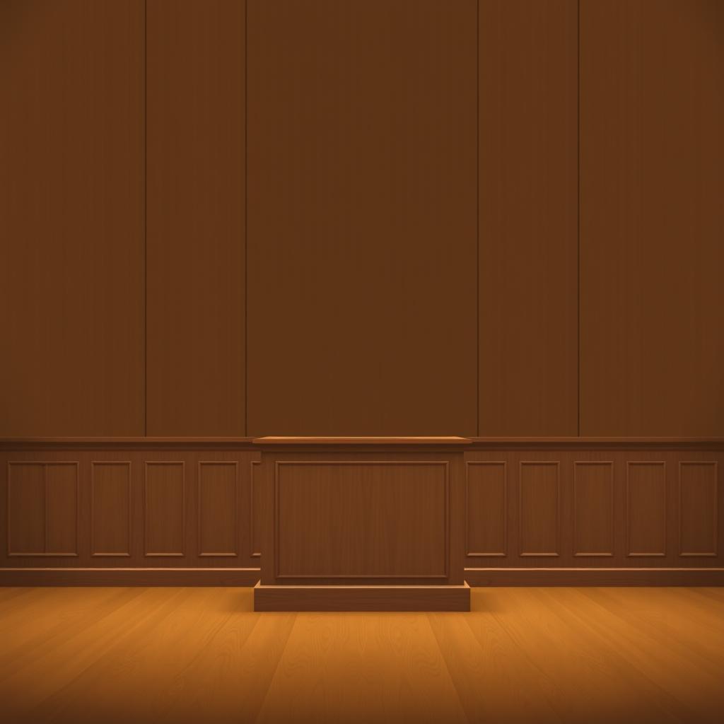 A minimalist movie poster depicting an empty witness stand in a courtroom