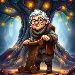 A sweet elderly barbarian woman with glasses and a warm, gentle smile, using a simple wooden walker