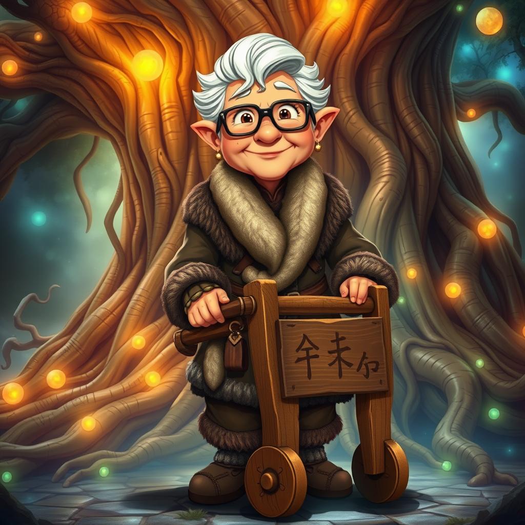 A sweet elderly barbarian woman with glasses and a warm, gentle smile, using a simple wooden walker