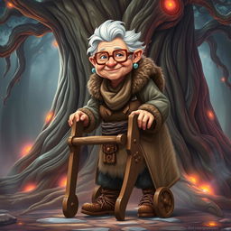 A sweet elderly barbarian woman with glasses and a warm, gentle smile, using a simple wooden walker