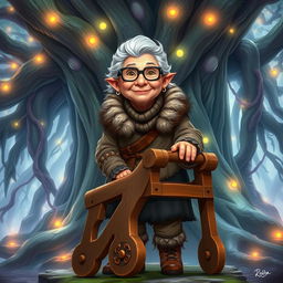 A sweet elderly barbarian woman with glasses and a warm, gentle smile, using a simple wooden walker