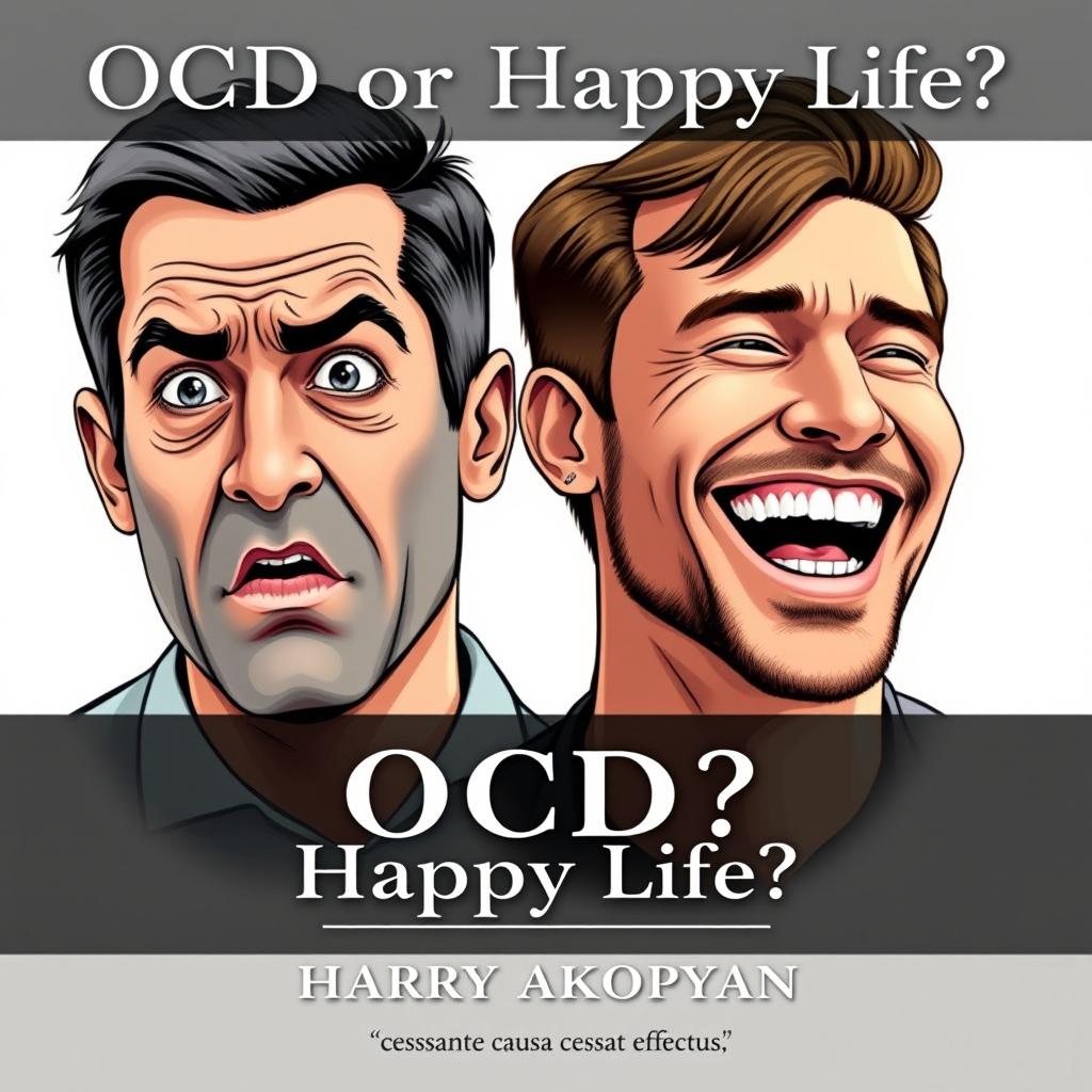 A book cover for a psychology book titled "OCD or Happy Life?" featuring a realistic illustration of two men side by side