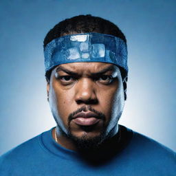 A creative representation of rapper, Ice Cube, reincarnated as an ice cube, appearing in cool, translucid blue and displaying his stereotypical determined expression.