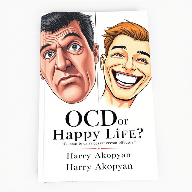 A book cover for a psychology book titled "OCD or Happy Life?" featuring a realistic illustration of two men side by side