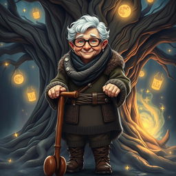 A sweet elderly barbarian woman with glasses and a warm, gentle smile, using a simple wooden walker