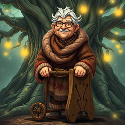 A sweet elderly barbarian woman with glasses and a warm, gentle smile, using a simple wooden walker