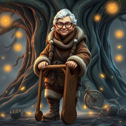 A sweet elderly barbarian woman with glasses and a warm, gentle smile, using a simple wooden walker