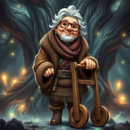 A sweet elderly barbarian woman with glasses and a warm, gentle smile, using a simple wooden walker