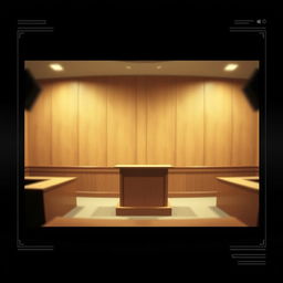 A minimalist movie poster presenting a unique perspective of an empty witness stand captured through the lens of security camera footage