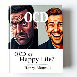 A visually striking book cover for a psychology book titled "OCD or Happy Life?" featuring two realistic portraits of a man