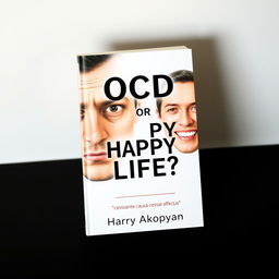 A visually striking book cover for a psychology book titled "OCD or Happy Life?" featuring two realistic portraits of a man