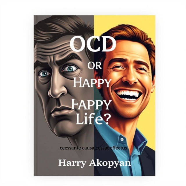 A visually striking book cover for a psychology book titled "OCD or Happy Life?" featuring two realistic portraits of a man