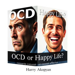 A visually striking book cover for a psychology book titled "OCD or Happy Life?" featuring two realistic portraits of a man