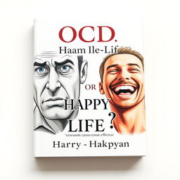 A professionally designed book cover for a psychology title named "OCD or Happy Life?" featuring two contrasting images of men on a light background