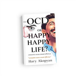 A professionally designed book cover for a psychology title named "OCD or Happy Life?" featuring two contrasting images of men on a light background