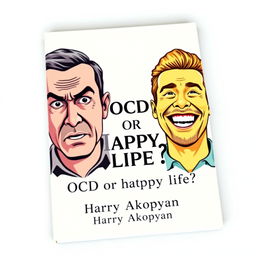 A professionally designed book cover for a psychology title named "OCD or Happy Life?" featuring two contrasting images of men on a light background