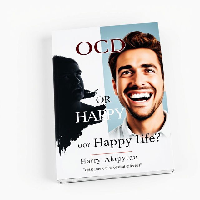 A professionally designed book cover for a psychology title named "OCD or Happy Life?" featuring two contrasting images of men on a light background