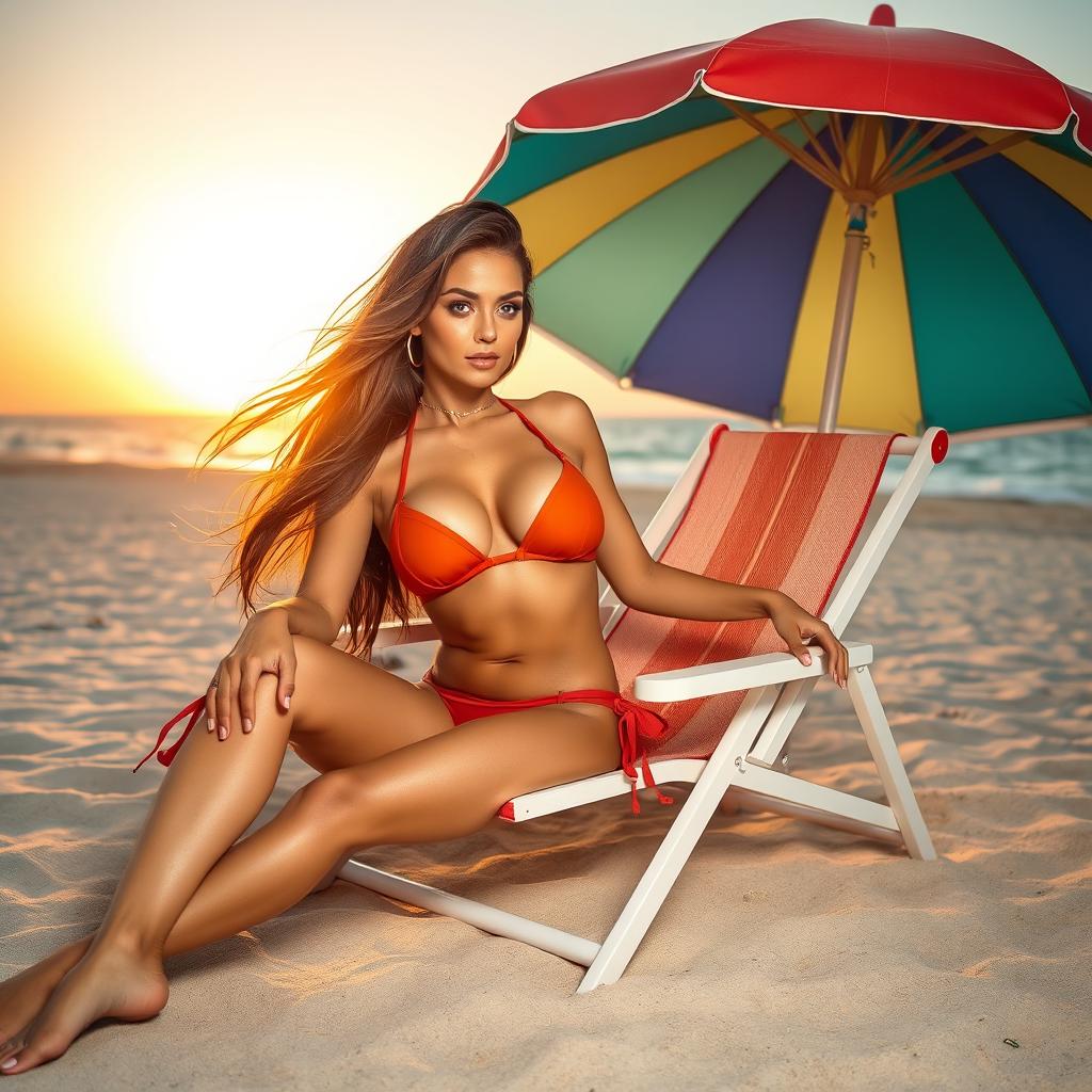 A stunningly attractive woman lounging on a beach chair under a large, colorful umbrella, wearing a fashionable bikini