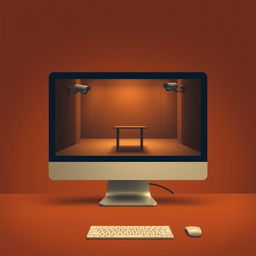 A minimalist movie poster showcasing a computer screen displaying security camera feeds, focusing on an empty witness stand